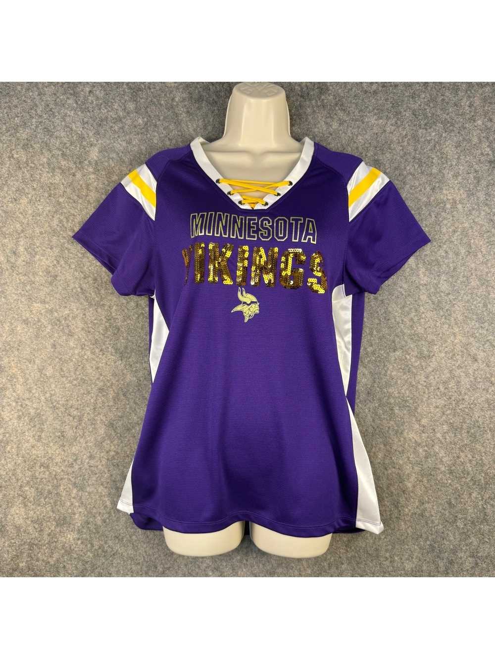 NFL Team Minnesota Vikings Lace Front Shirt Purple Gold Glitter Women Large 384